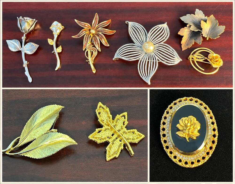 VTG Brooch Lot of 9 Floral Leaves Gold Silver Tone Boho Cottage Core